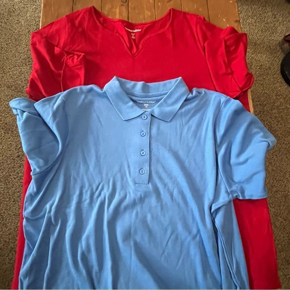Woman Within Knit Top Bundle Red V-neck and a Blue Polo Shirt